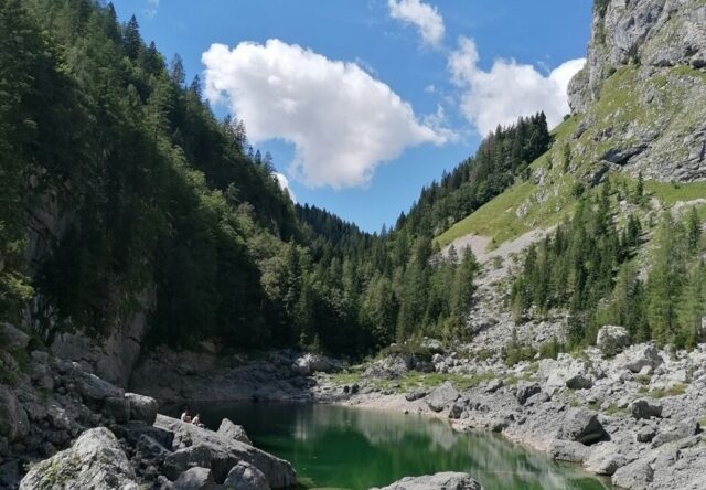Kleiner Bergsee mit grünlichem Wasser, umgeben von Nadelbäumen und Bergen – symbolische Naturaufnahme für eine Reise durch Tirol.